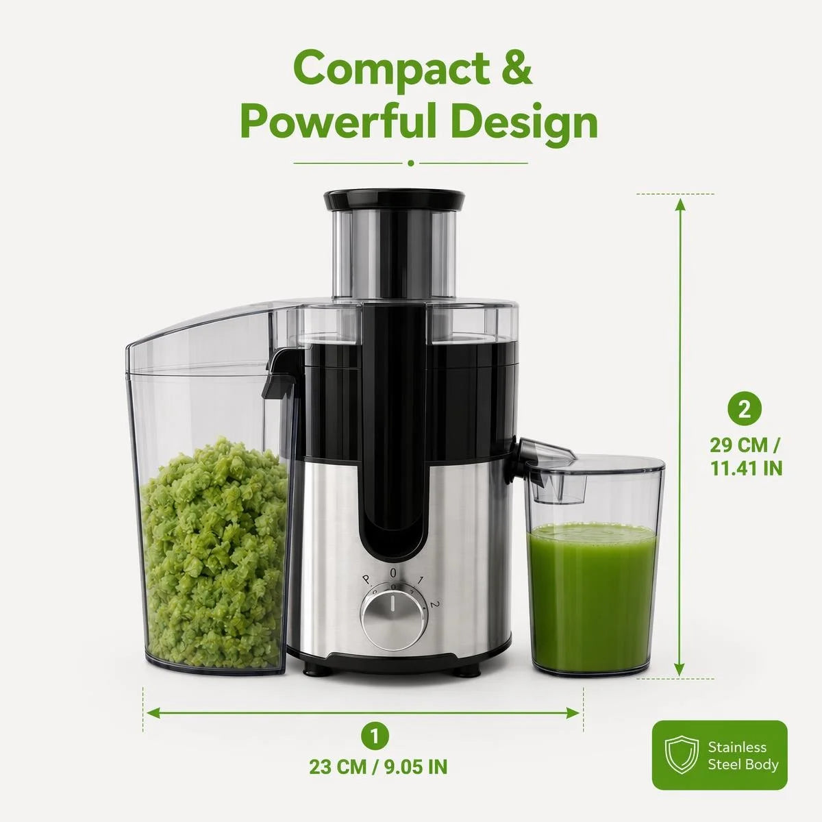 Exprimidor centrífugo, con conducto de alimentación de 3 pulgadas de ancho y 97% de alto rendimiento. CONDUCTO DE ALIMENTACIÓN GRANDE DE 3 PULGADAS: Admite alimentación directa de frutas y verduras enteras sin cortar