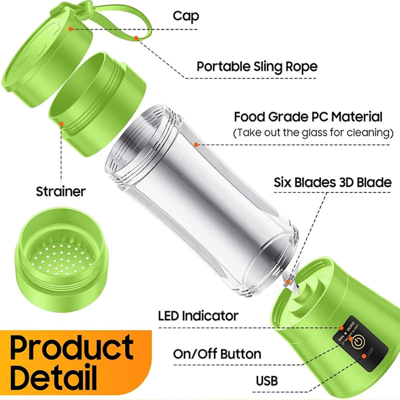 Licuadora de jugos doméstica de 380 ml, mini licuadora eléctrica, licuadora de batidos recargable por USB, licuadora portátil, electrodomésticos para el hogar