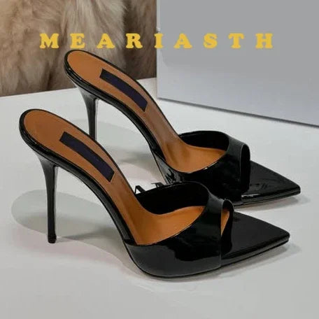 Zapatos de tacón alto con punta abierta para mujer, zapatillas exteriores de verano para fiesta, Stiletto, sandalias de charol de diseñador de lujo, 12/10cm