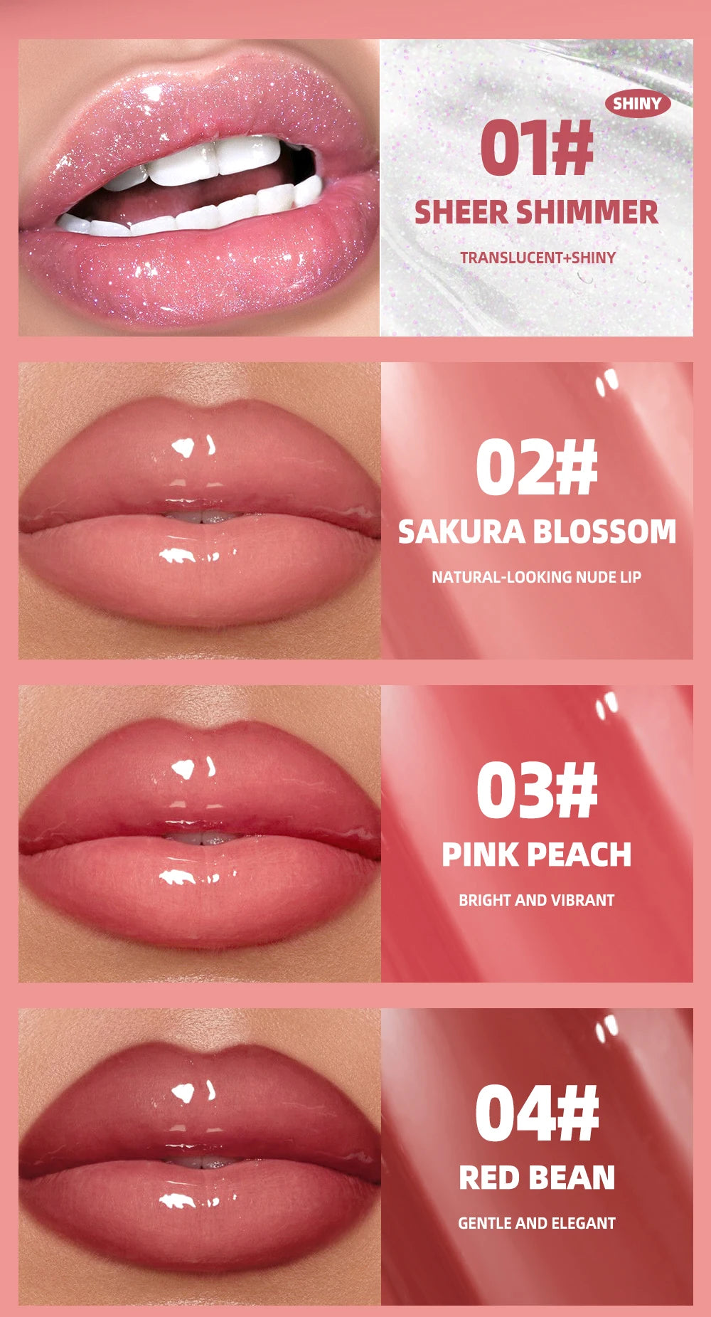Brillo Labial QIBEST Efecto Espejo, Tinte de Larga Duración, Hidratante, Brillante, con Purpurina, Maquillaje Nutritivo