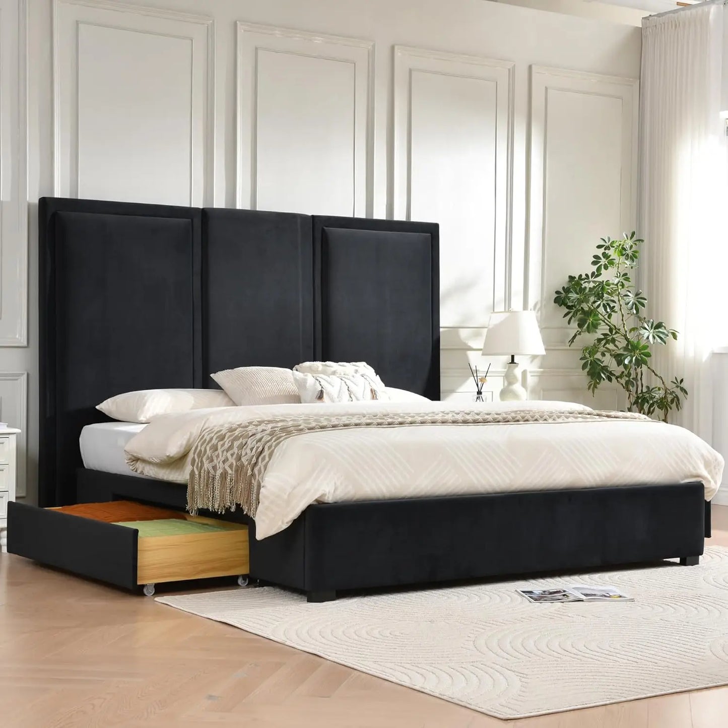 Estructura de cama tamaño King con cabecero alto de 64 pulgadas, cama con plataforma tapizada de lino simple y aireada con cajones de almacenamiento, listones de madera,