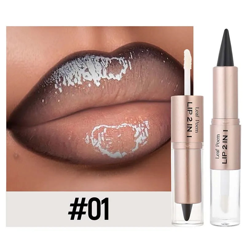 Lápiz Delineador de labios mate 2 en 1 de doble cabeza, resistente al agua, antiadherente, brillo de espejo, tinte de labios, brillo de labios marrón, maquillaje de lápiz labial
