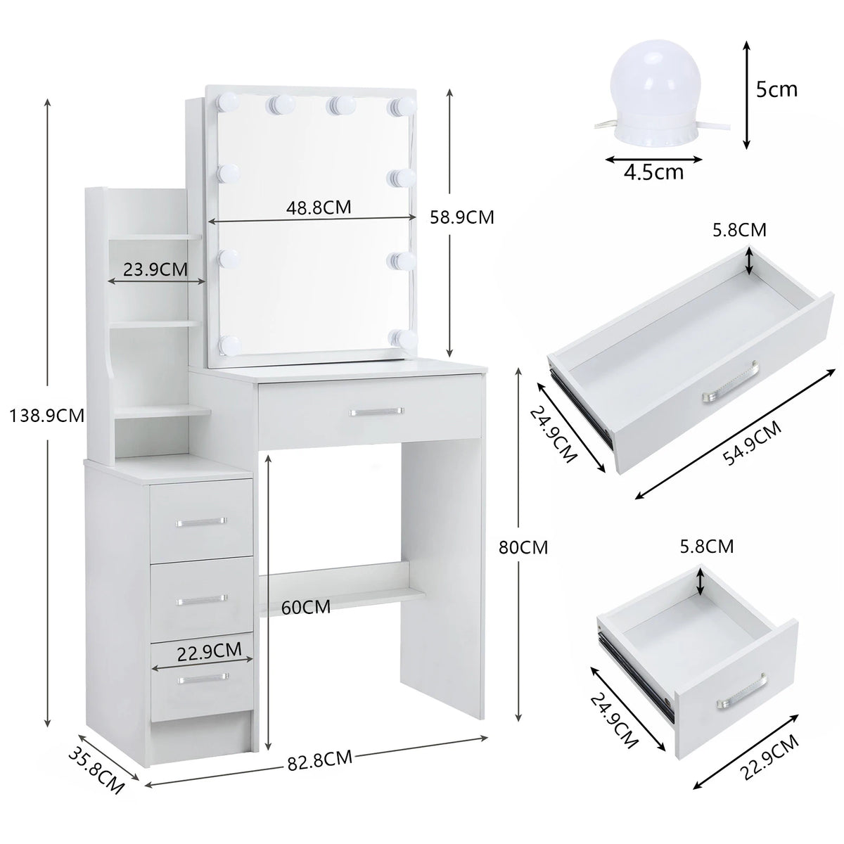 Mesa de tocador LED con espejo deslizante, escritorio de maquillaje blanco, taburete de 4 cajones, tocador para mujer, muebles glam