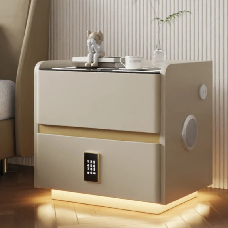 Mesita de noche inteligente de madera maciza con carga inalámbrica, mesita de noche de estilo moderno con 2 cajones y cerradura, armario lateral para el hogar