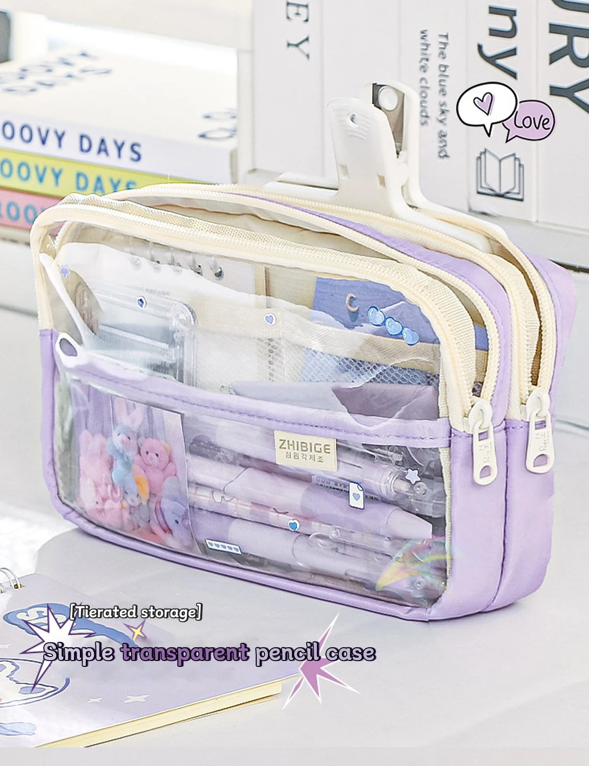 Bolsa de lápices transparente de cuatro capas, bolsa de papelería para estudiantes, bolsa de almacenamiento de gran capacidad, suministros de oficina escolar, papelería, 1Pc