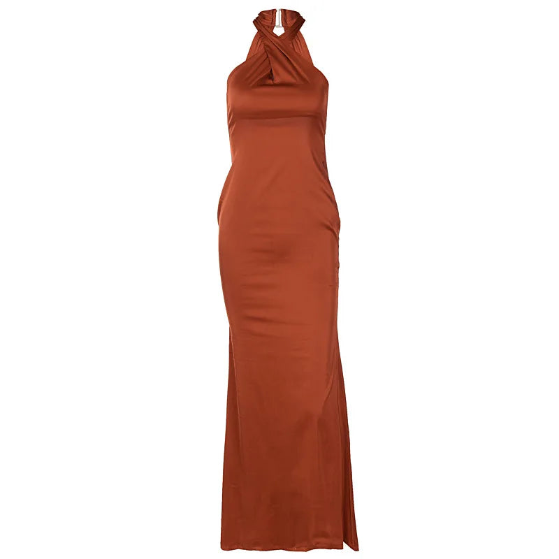 Vestidos de Fiesta Elegantes para Mujer, Vestido Maxi con Cuello Halter y Detalle Cruzado en la Parte Delantera, Vestido de Noche Ajustado