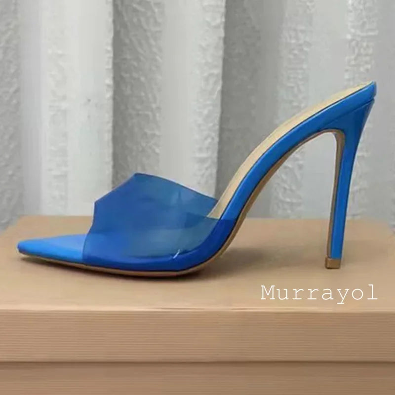 Zapatillas de tacón alto fino transparente de PVC con punta abierta, sandalias de Color sólido con punta estrecha para mujer, zapatos de vestir de fiesta de verano para mujer, zapatos de tacón