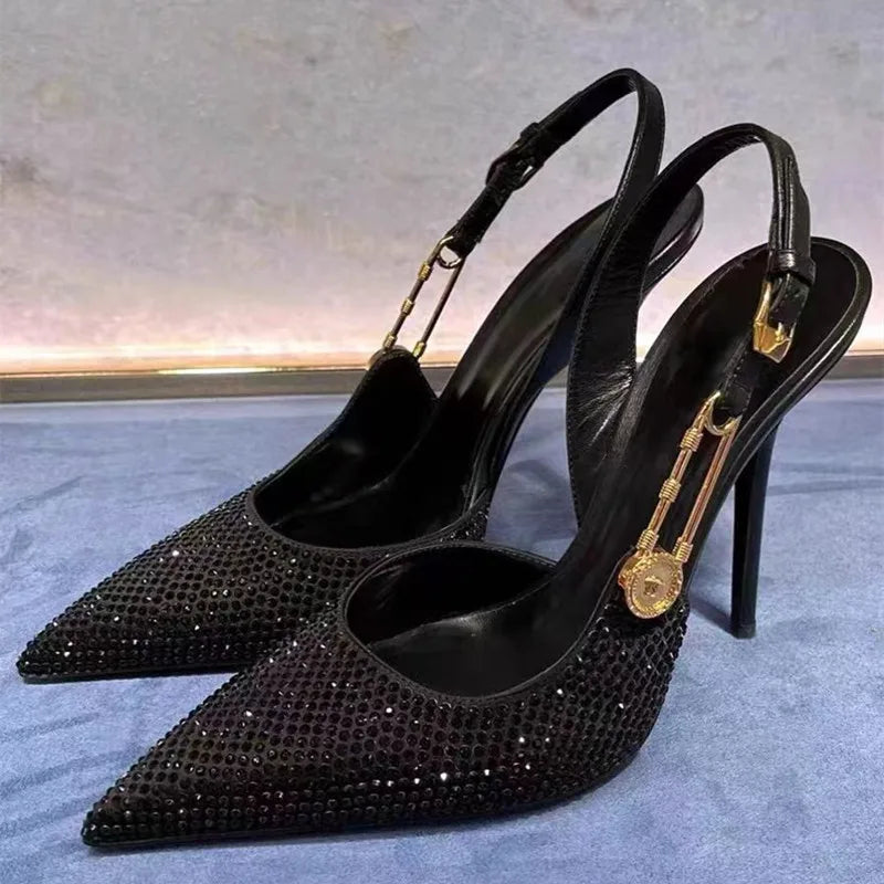 Zapatos de tacón de lujo con hebilla de lentejuelas y diamantes de imitación para mujer, zapatos de tacón alto de aguja con punta estrecha, zapatos de moda para primavera y verano