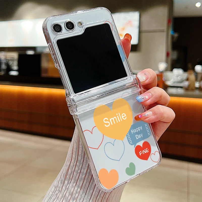 Funda de teléfono transparente con diseño de flor de amor para Samsung Galaxy Z Flip7 FE Flip 7 6 5 4 3 5G Flip5 Flip6, funda dura para PC a prueba de golpes
