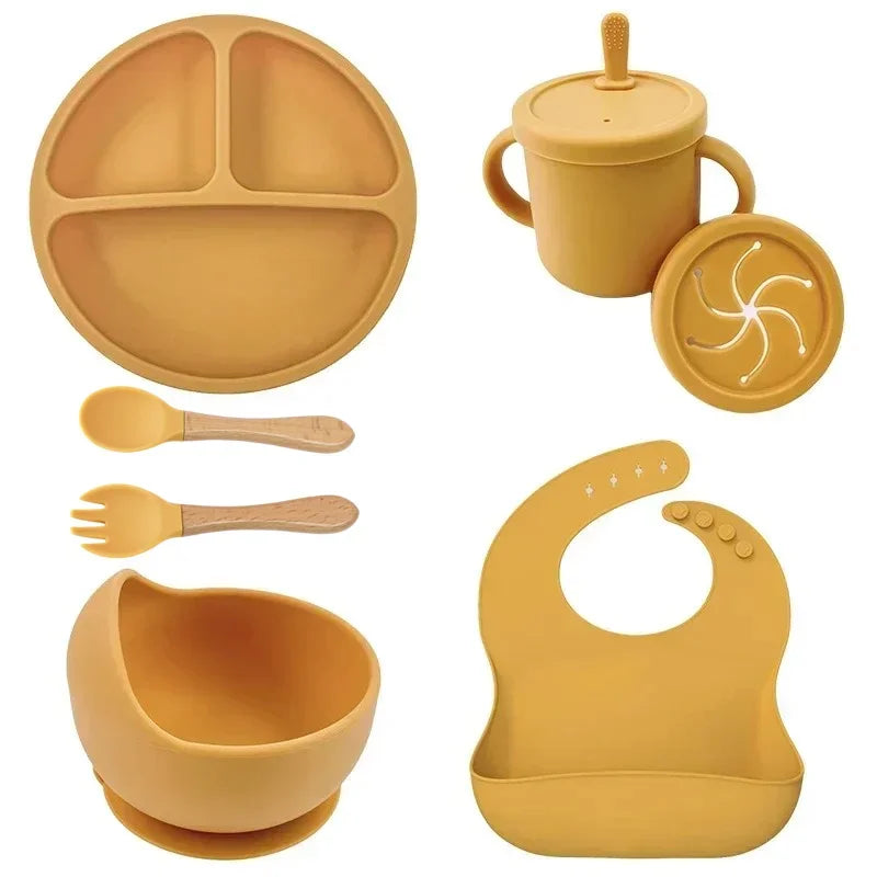 Juego de platos de silicona de grado alimenticio para niños, tazón de alimentación de bebé, plato de succión, taza de paja, cuchara de madera, tenedor, vajilla para niños, platos para niños pequeños