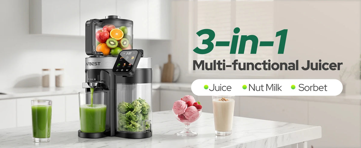 Exprimidor de prensado en frío mejorado 2026 – Boca extra ancha de 6.5 pulgadas, Tolva de alimentación automática de 100 oz, Exprimidor lento inteligente 3 en 1 con pantalla táctil para sorbetes y leche de frutos secos,