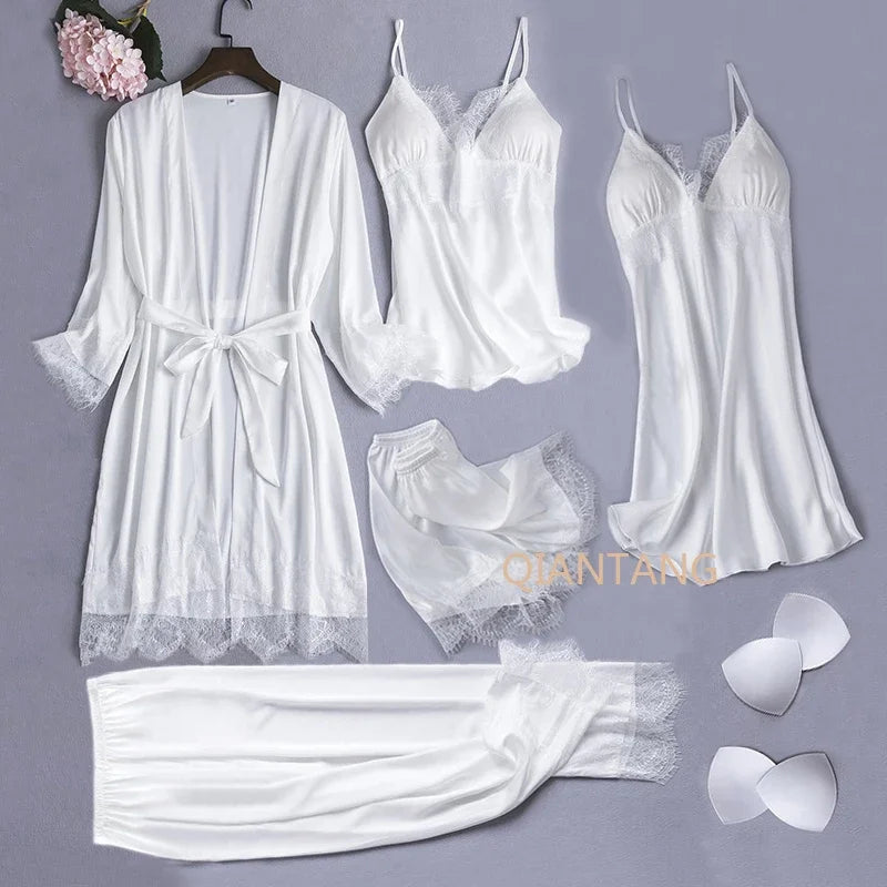 Conjunto de pijama de seda blanca para mujer, bata de boda de 5 piezas, camisón Sexy de encaje, ropa de dormir, Kimono, albornoz, lencería