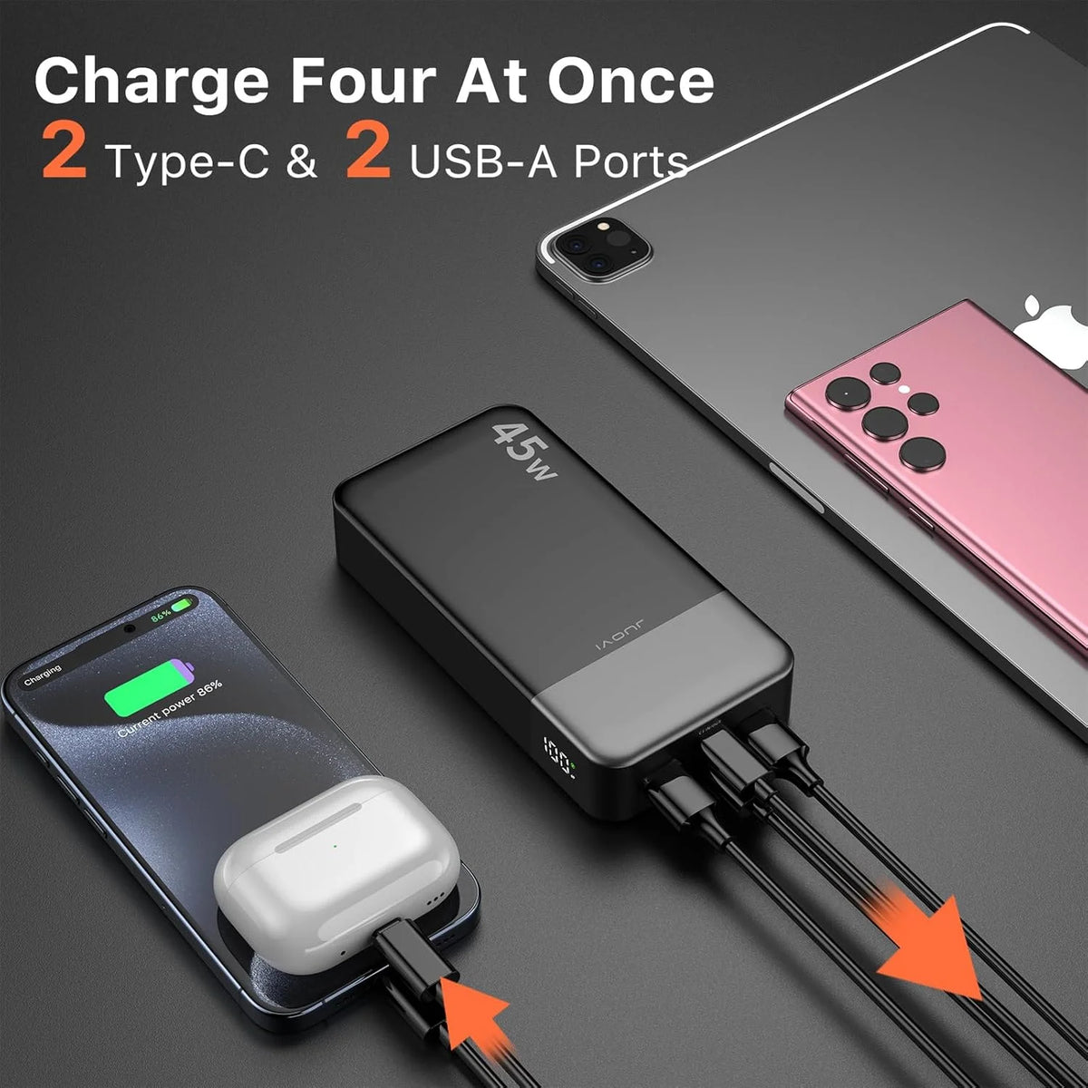 Banco de Energía JUOVI de 20000 mAh, Cargador Portátil de Carga Rápida de 45 W, Batería Externa con Pantalla LED para iPhone, Android y Laptop