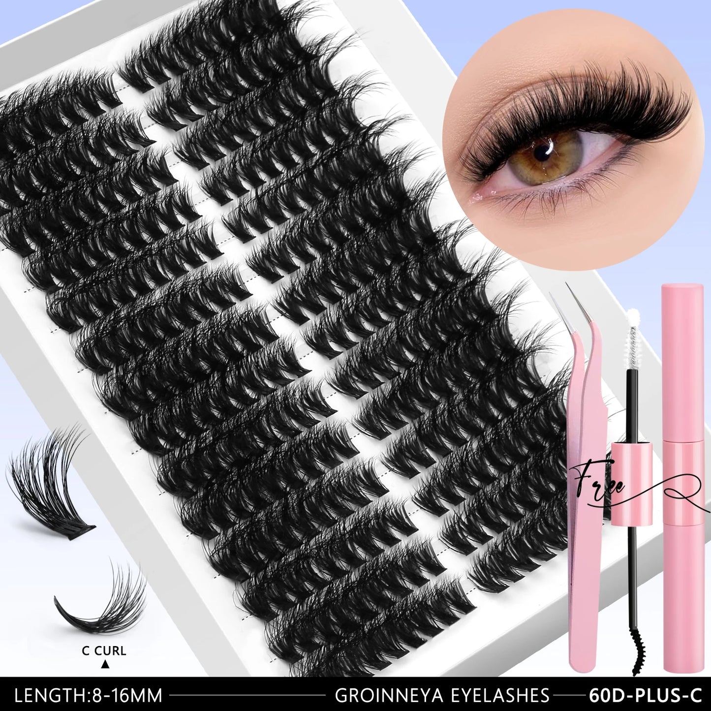 GROINNEYA Clusters de pestañas 540 Uds Kit de extensiones de pestañas de gato Kit de pestañas en racimo con Kit de maquillaje de pestañas Bond & Seal