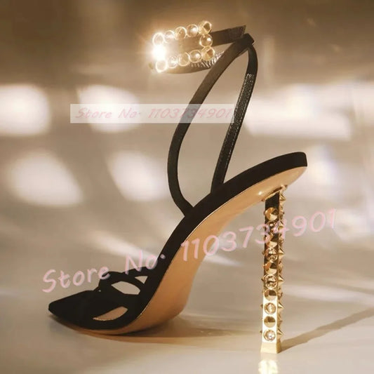 Sandalias de tacón de Metal con remaches para mujer, zapatos de tacón de aguja con hebilla de cinturón, punta cuadrada, correa en el tobillo, sandalias elegantes de fiesta de lujo Sexy