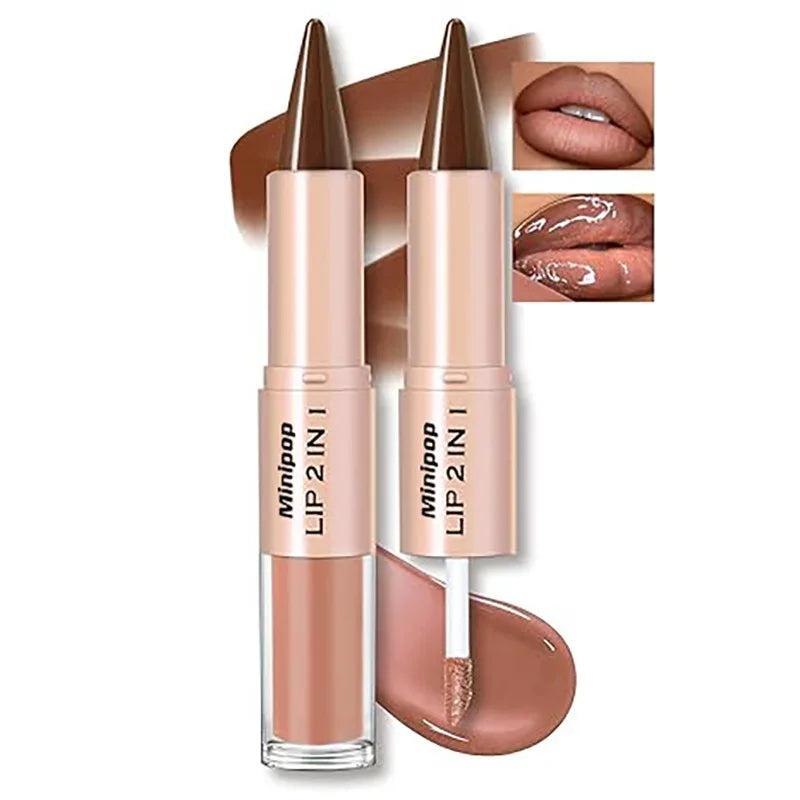 Brillo Labial 2 en 1 de Doble Punta, Delineador y Lápiz Labial, Impermeable, de Larga Duración, Voluminizador, Mate, Hidratante, Brillante, con Tinte Natural