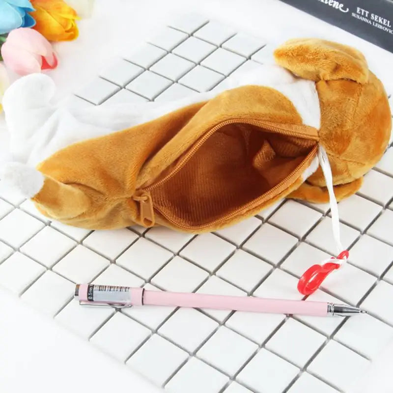 Estuche para lápices de papelería, bolsa para lápices con forma de perro de peluche de dibujos animados, bolsa para bolígrafos de animales, suministros escolares para niños, bolsa para lápices creativa