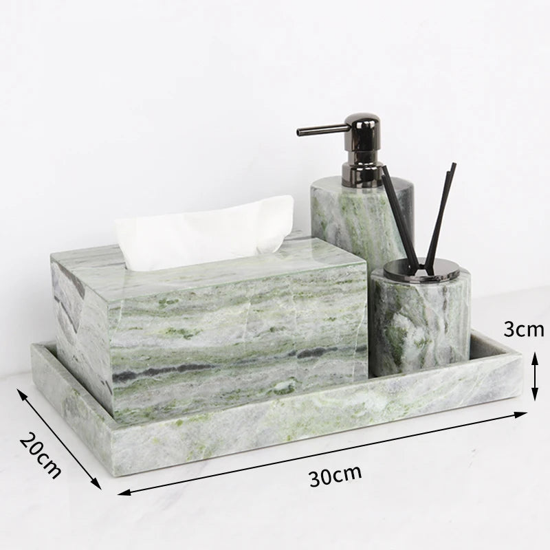 Juego de baño de mármol Natural verde esmeralda, jabonera de lujo, hisopos de algodón, tarro, difusor de caña, bandeja de tocador, accesorios de baño