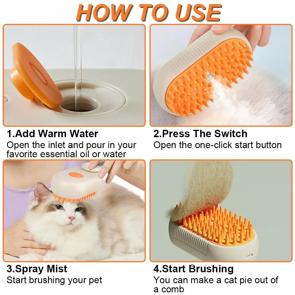 Cepillo de masaje para mascotas (gatos y perros) con pulverizador de vapor de un botón, plegable, giratorio, para eliminación de pelo y baño # Herramientas de limpieza para mascotas