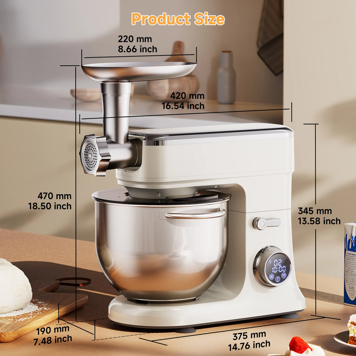 Batidora de Pedestal BioloMix de 7L para Repostería, Motor de CC de 1200W con Gancho Amasador, Batidor, Accesorio para Picar Carne - Batidora de Alimentos