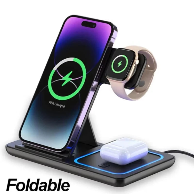 VIKEFON Estación de Carga Inalámbrica Plegable 3 en 1 para iPhone 17-12 Pro Max, iWatch Ultra y Airpods Pro, Base de Carga Rápida