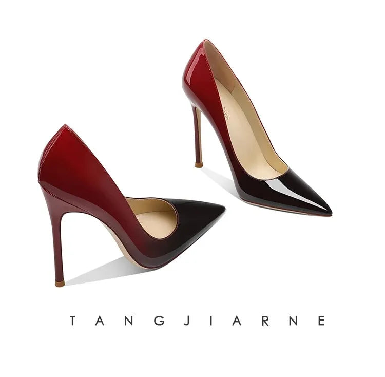 6CM 8CM 10CM 12CM temperamento zapatos individuales señoras negro rojo Color degradado verano puntiagudo charol tacones finos mujeres bombas