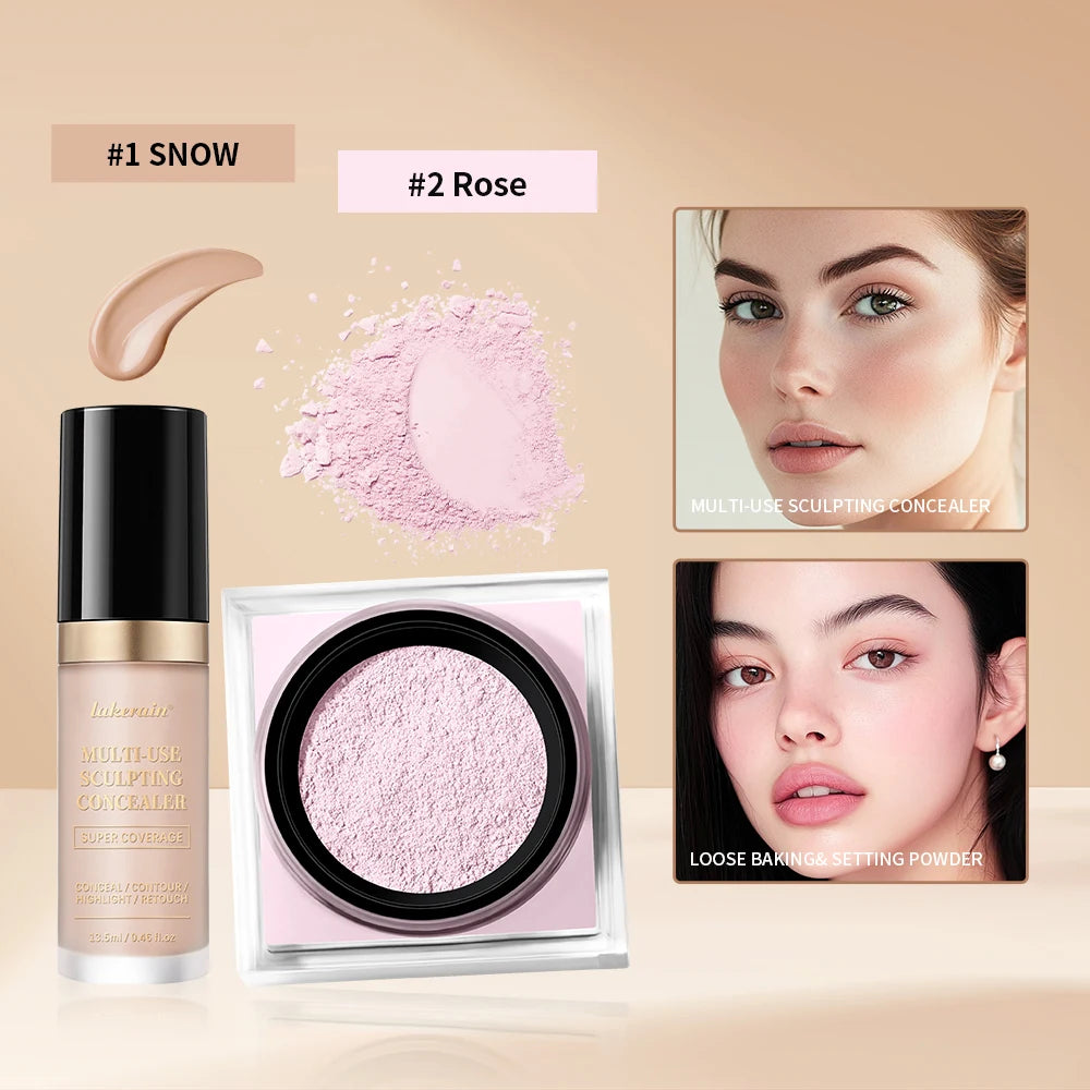 Juego de maquillaje facial de 2 piezas con corrector y polvo fijador suelto, acabado mate natural para el rostro, cosméticos para mujer, maquillaje coreano