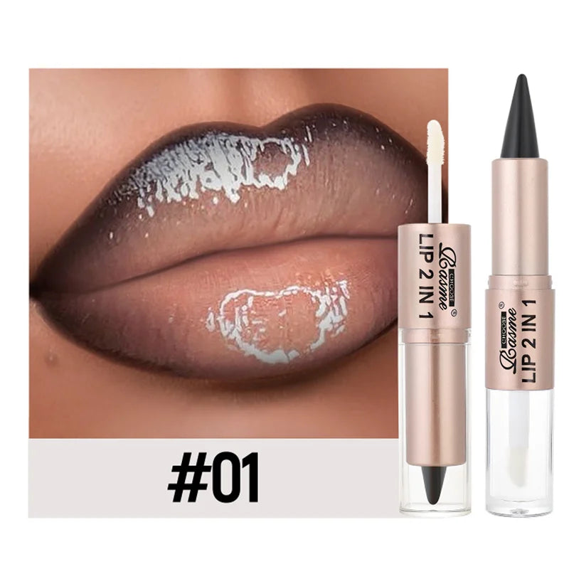 Lápiz delineador de labios degradado cónico 2 en 1, brillo de labios de cristal de espejo marrón desnudo, delineador de labios mate, maquillaje antiadherente para contorno de labios resistente al agua