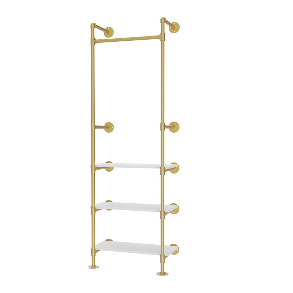 Perchero de pared para ropa, tubo industrial, dorado, con estantes de 3 niveles