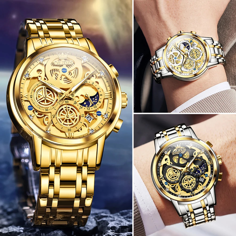 Relojes OLEVS para hombre, marca superior, reloj de cuarzo Original resistente al agua de lujo para hombre, estilo esqueleto dorado, 24 horas de día y noche, nuevo