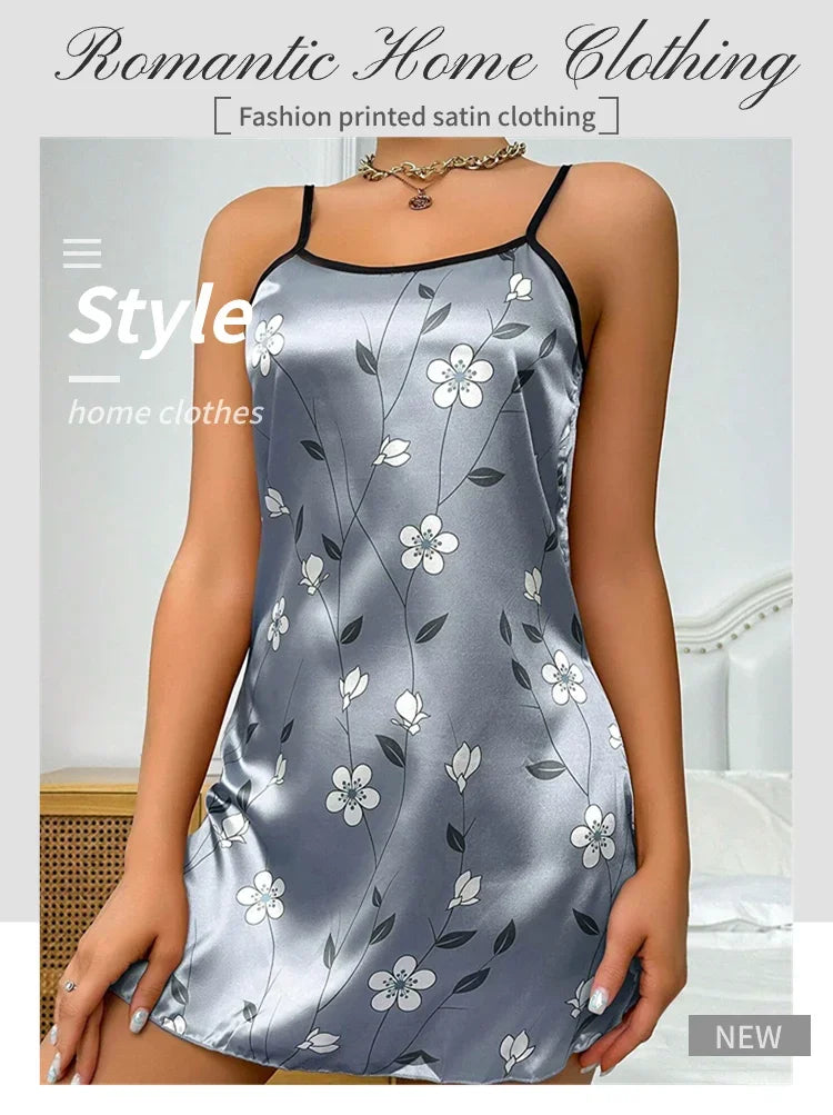 Camisón Sexy con tirantes para mujer, lencería Sexy de satén de seda, ropa de dormir con pintura Floral, minivestido para el hogar