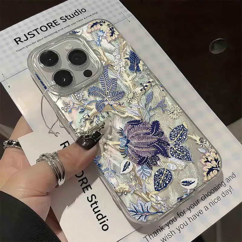 Funda de teléfono con flores artísticas Retro a la moda para iPhone 17 16 15 14 13 12 11 Pro Max XR XS MAX 7 8 PLUS INS cubierta láser a prueba de sacudidas