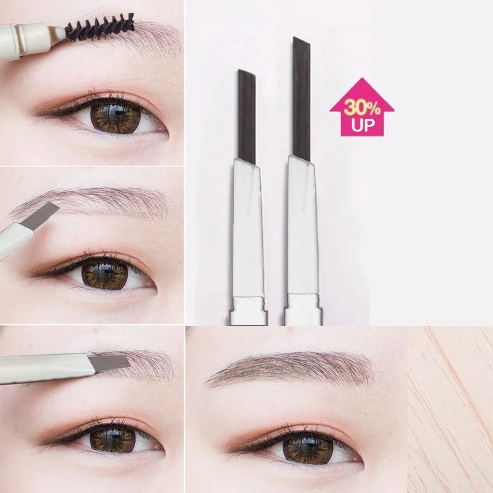 Lápiz de cejas de doble punta de cabeza fina: resistente al agua, duradero, rotación automática, punta de pincel, contorno, natural, certificado, unisex