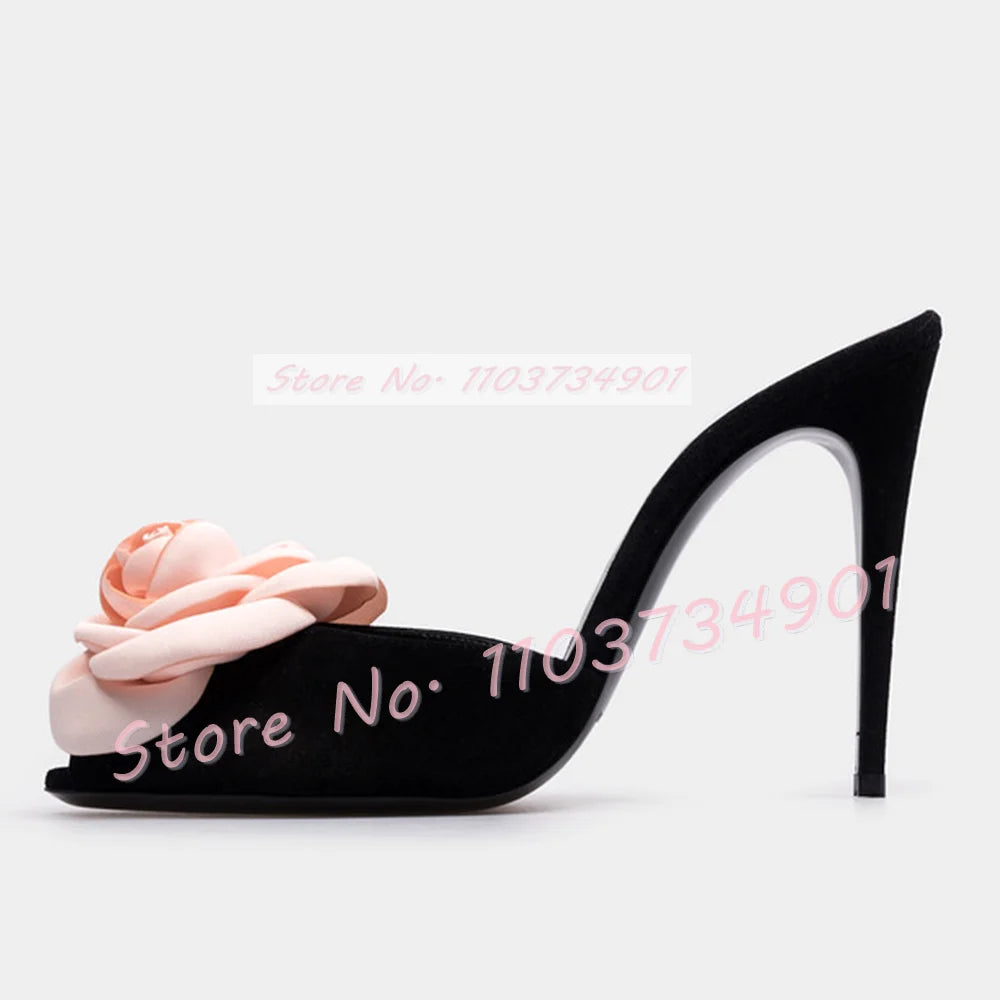 Mules de tacón alto fino de satén para mujer, zapatos aterciopelados con apliques florales, color rosa y rosa, elegantes y negros