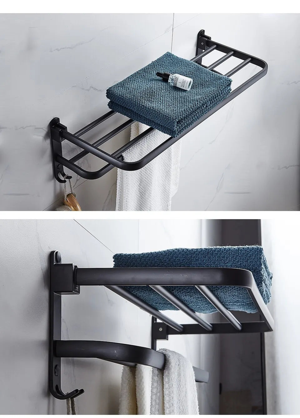 Soporte plegable negro mate de 50cm con gancho, soporte para toallas de pared, soporte para toallas de aluminio