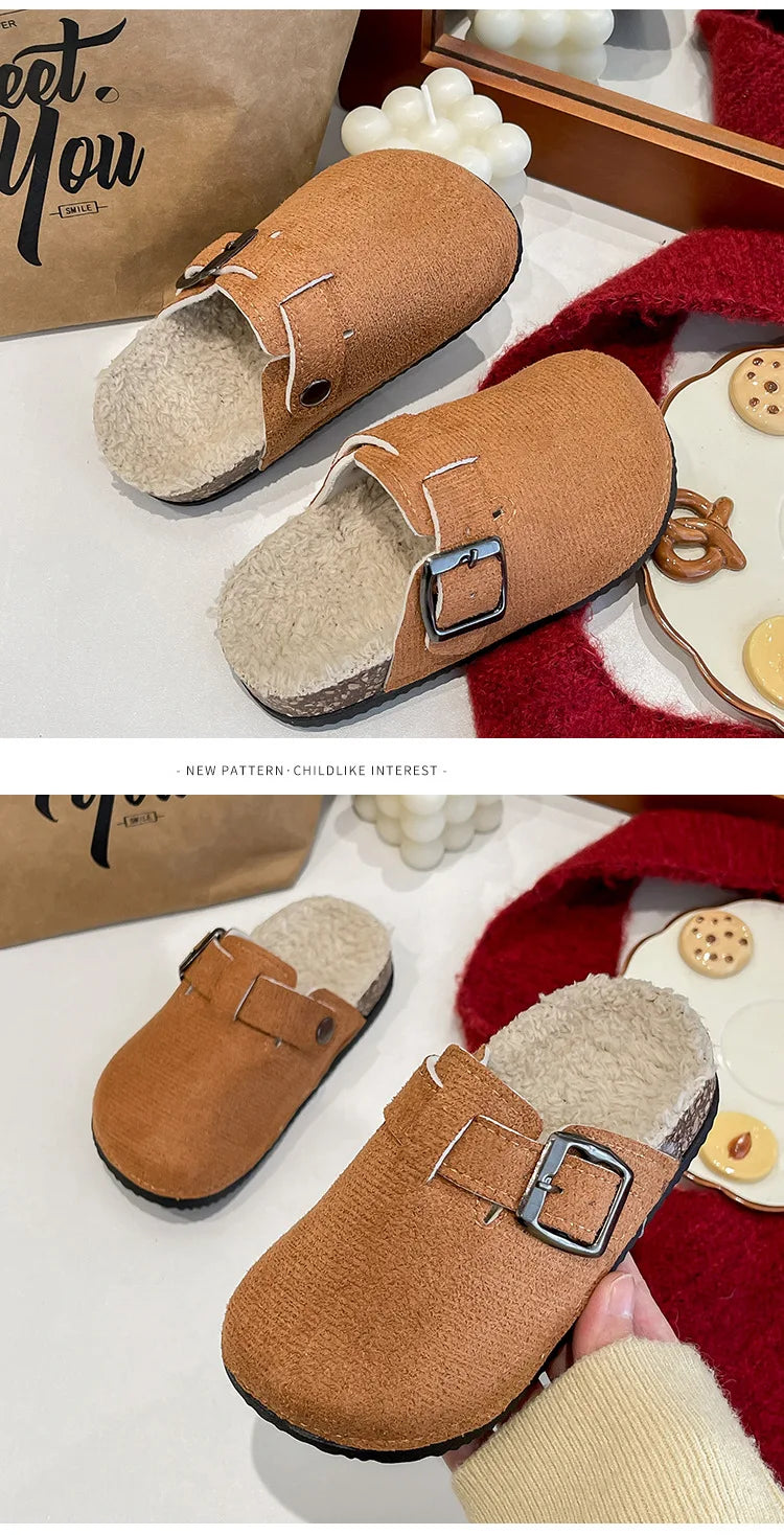 2025 niños niñas invierno cálido felpa corcho cama piel zuecos zapatillas señora peluda casa pisos zapatillas de algodón