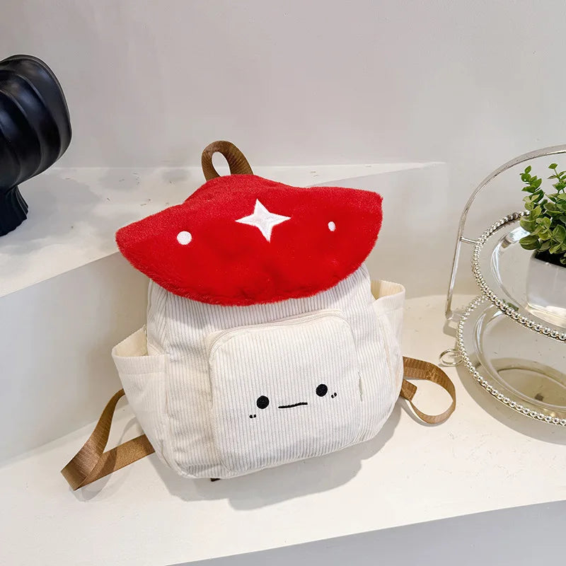 Mochila Kawaii de felpa con forma de seta para mujer, bolso de mano bonito con correas ajustables, cierre de cremallera, mochilas de estudiante de pana roja/blanca