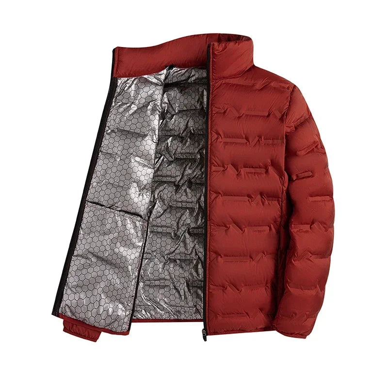 CHUJIE Chaqueta de plumón blanca de invierno para hombre, chaqueta de plumón plisada a prueba de viento con autocalentamiento de grafeno, chaqueta cálida informal con cuello levantado