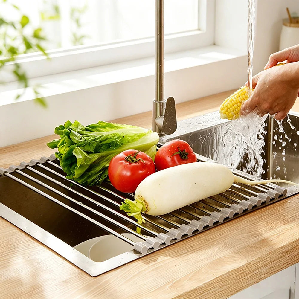 Escurridor de Platos Plegable de Acero Inoxidable, Ahorra Espacio, Organizador de Almacenamiento para Secar Platos, Frutas y Verduras en la Cocina