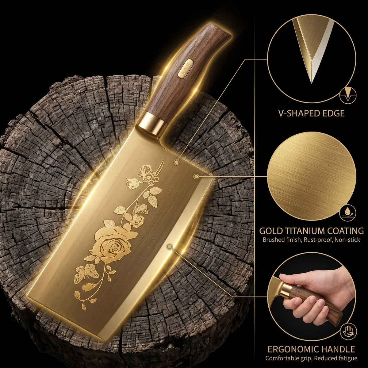 Juego de cuchillos de cocina de lujo dorados, ultra afilados, con hoja de acero inoxidable de primera calidad con revestimiento de titanio y mango de madera para cocinar, 4 piezas
