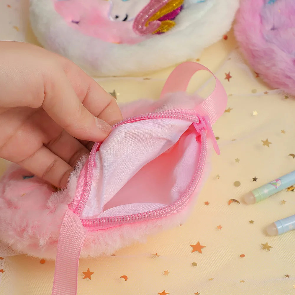 Bolso cruzado de unicornio de dibujos animados para niños, bolso de hombro de felpa bonito, Mochila pequeña para niñas, adecuado para regalos de vacaciones escolares, 2 uds.