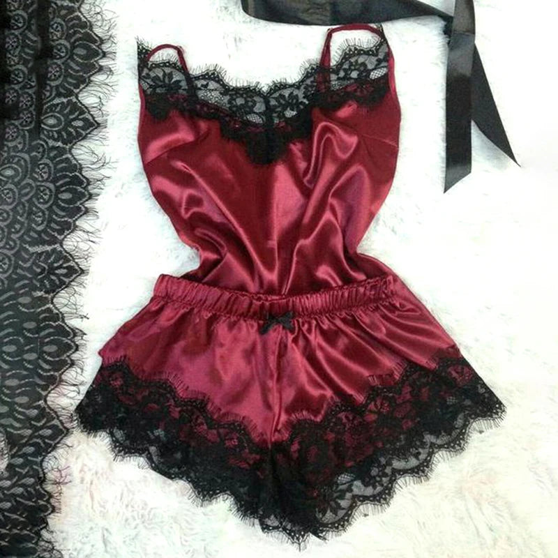 Conjunto de pijama de satén con encaje para mujer, ropa de dormir erótica, Sexy, con tirantes, a la moda