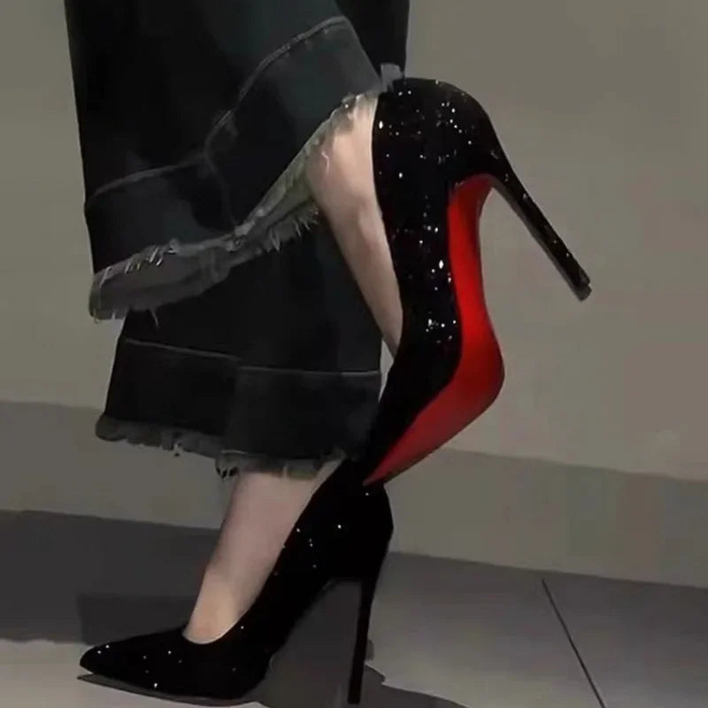 Tacones Altos de Mujer 2026, Nuevos Tacones de Aguja con Punta, Casuales y a la Moda, con Lentejuelas, Zapatos de Mujer