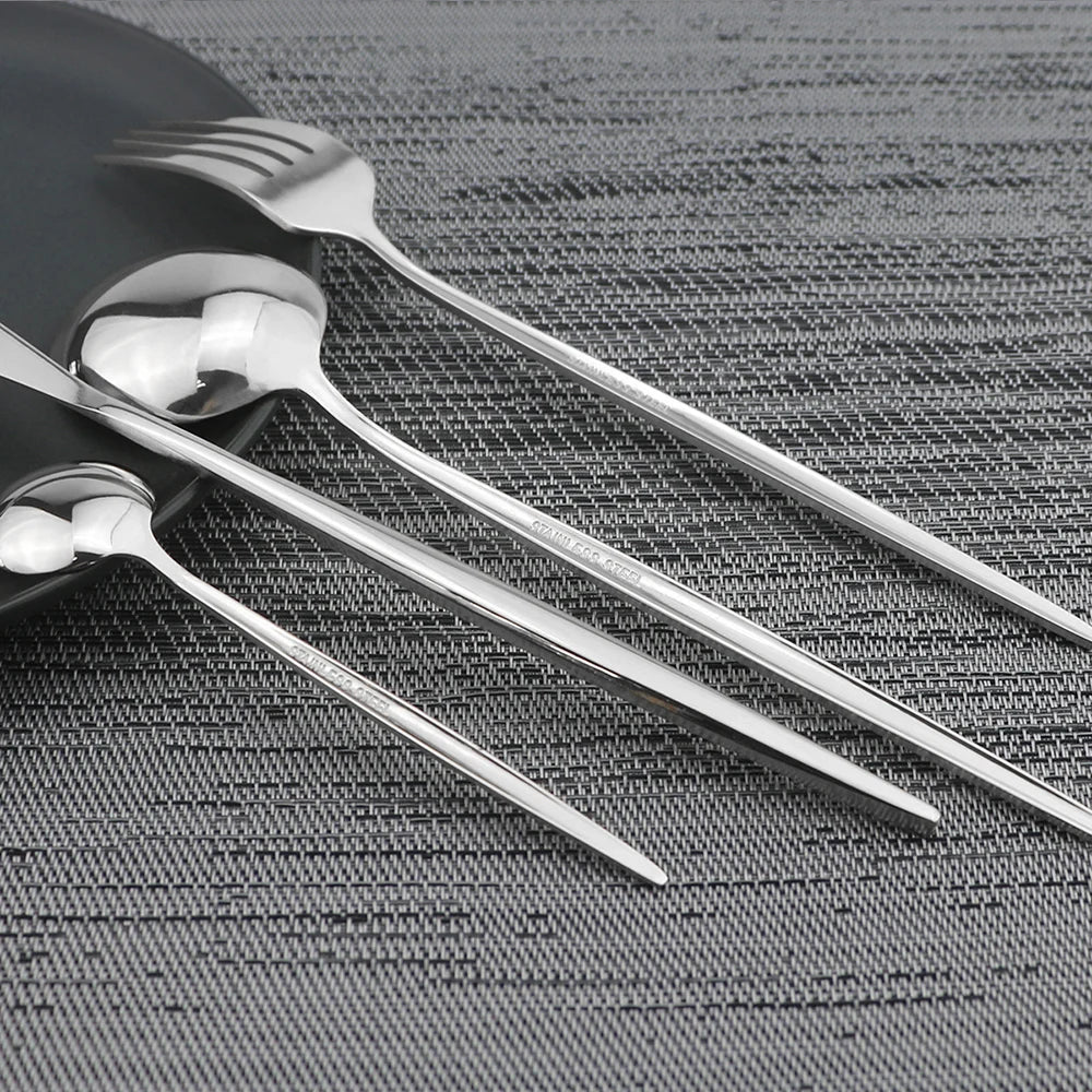 Juego de cubiertos dorados con mango negro, 24 Uds., cuchillo de acero inoxidable, tenedor, cuchara, vajilla, juego de cubiertos, vajilla de cocina para Festival, regalo