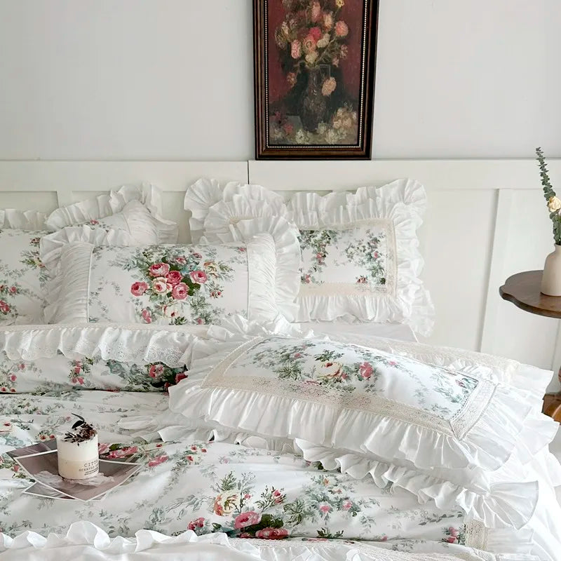 Juego de fundas de edredón con volantes, de 3 piezas ropa de cama, Floral, 100% algodón, blanco, 2 fundas de almohada, US/UK, Super King size