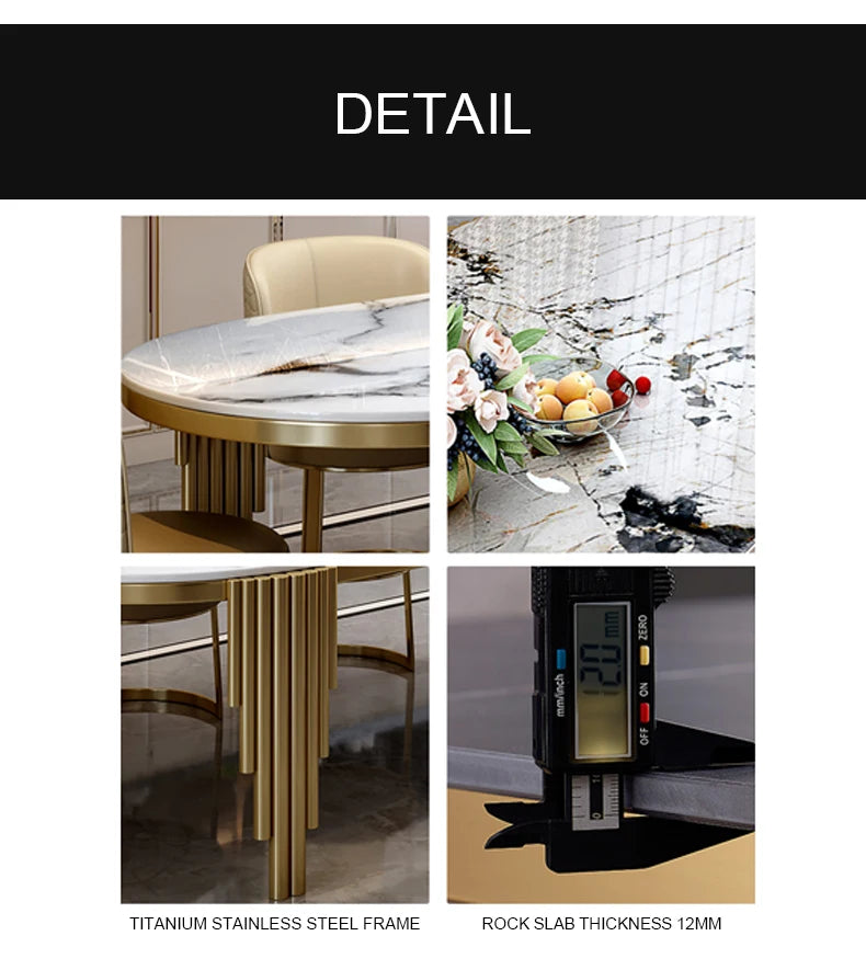 Juego de comedor de acero inoxidable, muebles para el hogar, mesa de comedor de mármol moderna