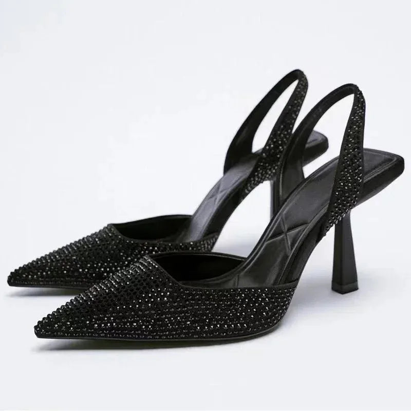 Zapatos de tacón alto 2025, novedad de verano, sandalias de marca para mujer, zapatos de tacón alto con hebilla de cristal a la moda, zapatos dorados elegantes para fiesta para mujer