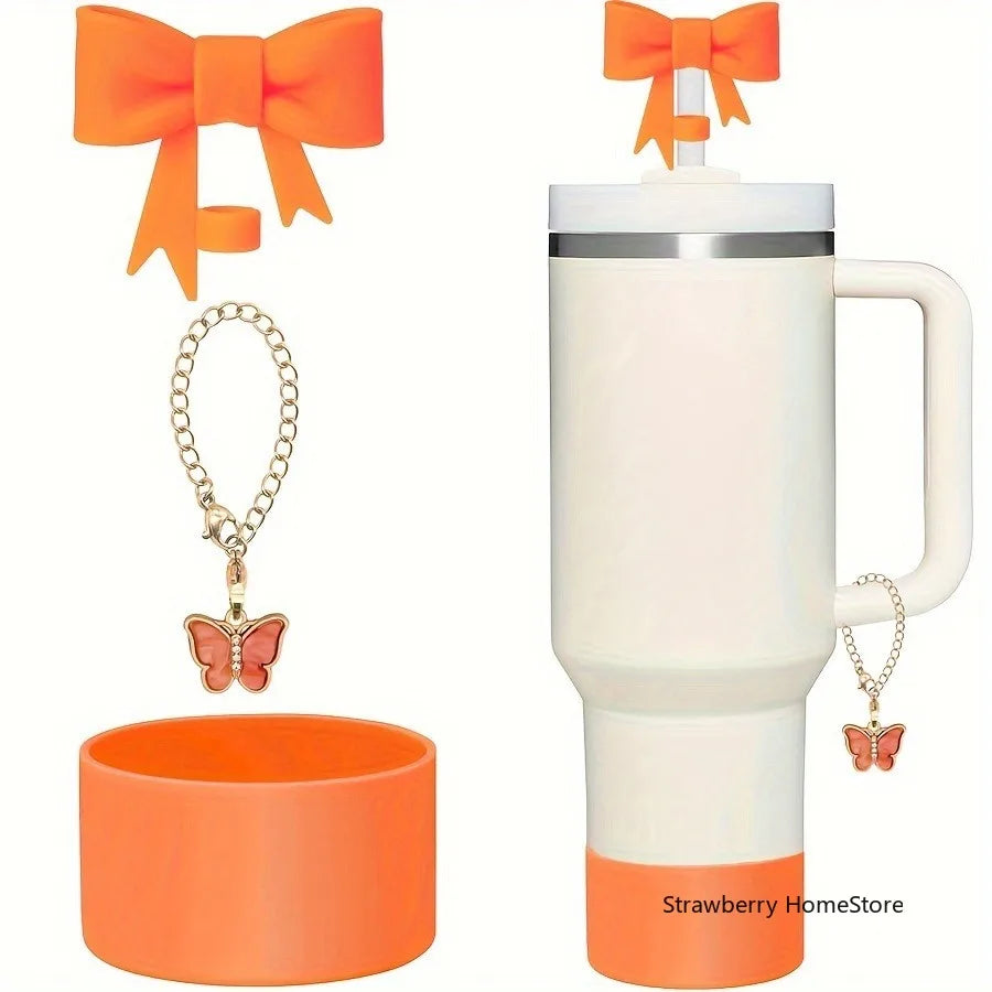 Juego de 3 Cubiertas de Silicona para Vasos con Diseño de Lazo y Cadena de Mariposa Rosa, Accesorios para Vasos de 30/40 oz ﻿