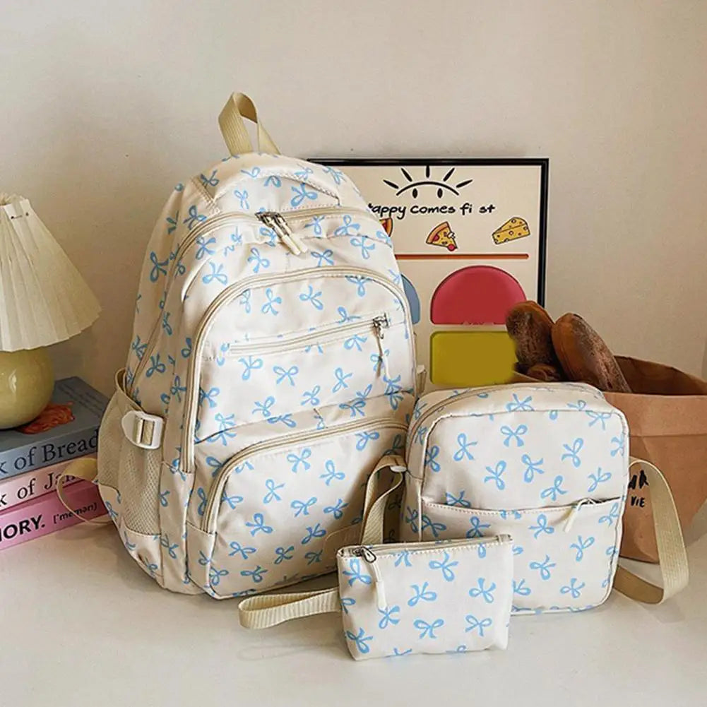 Conjunto de mochila de 3 uds., mochila con lazo de gran capacidad, bolso escolar de nailon con estampado de lazo, mochila para estudiantes con correa ajustable