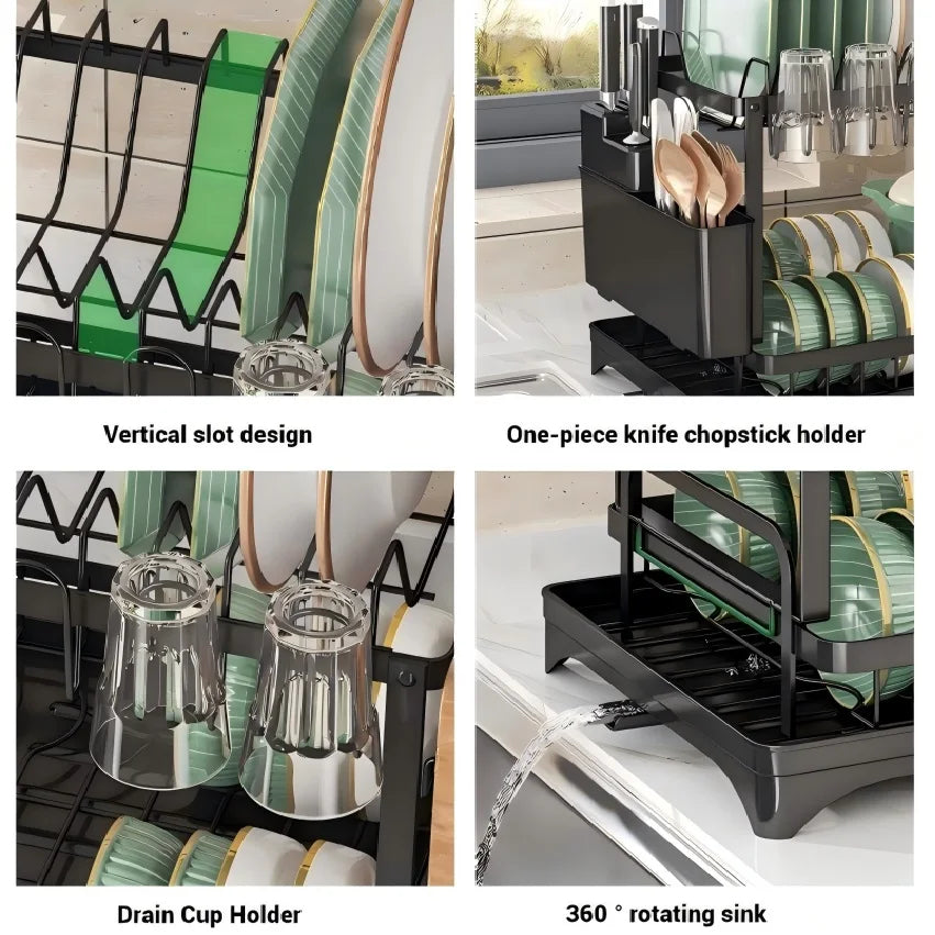 Estante de secado de platos de 2 niveles, escurridor de cuencos de cocina, estante de almacenamiento, vajilla, drenaje, palillos, cuchillo, tenedor, soporte de almacenamiento de vasos de agua de 2 niveles
